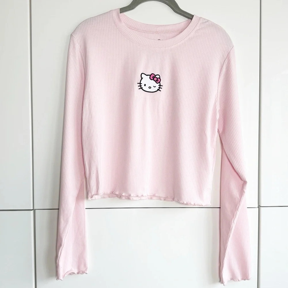 Sanrio Hello Kitty Winking Embroidered Long Sleeve T-Shirt Size XL Pink Kawaii